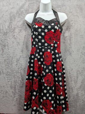 Dresstells Womens Size Medium Polka Dot Roses Halter Dress Retro Flare Rock